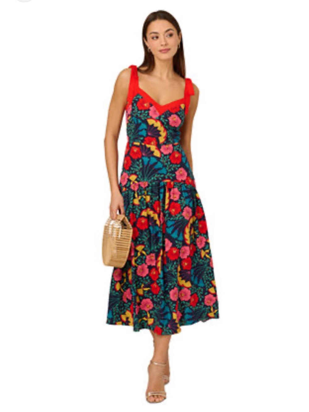 Adriana by Adriana Papell Women's Printed Bow-Strap Midi Dress 12